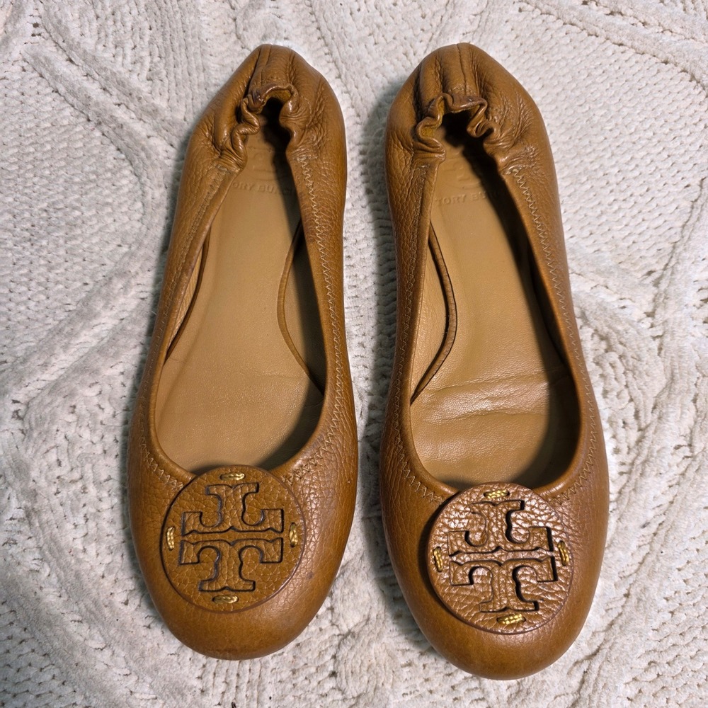 Tory Burch Reva Ballet Flats Brown Monotone Pebbled Leather Women 8